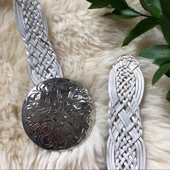 Sonoma White Leather Braided Boho Bohemian Conch Buckle Hippie Belt